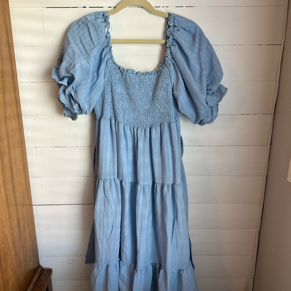Light Blue puff sleeve smock midi dress